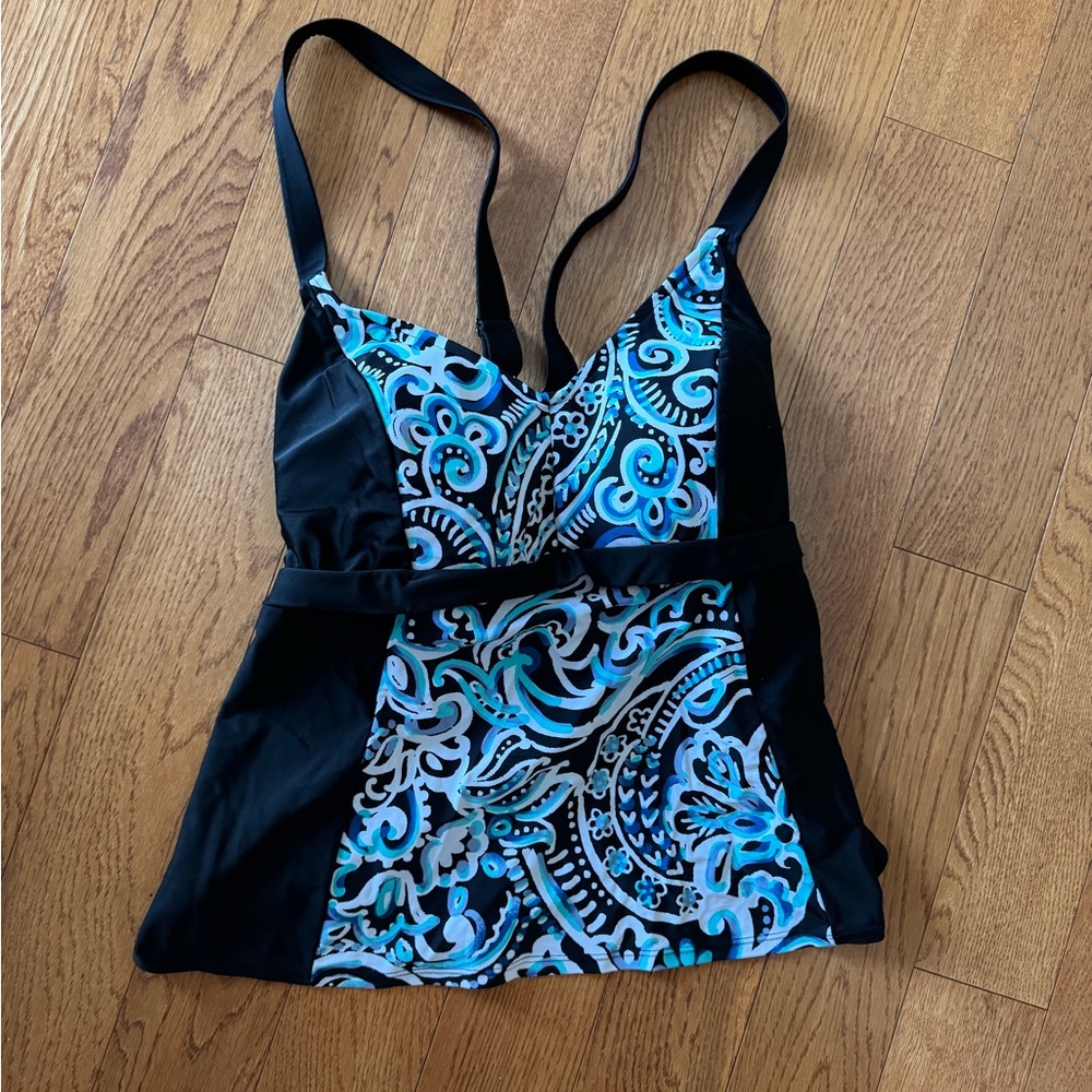 Delta Burke Swim Top with Blue and White Accents